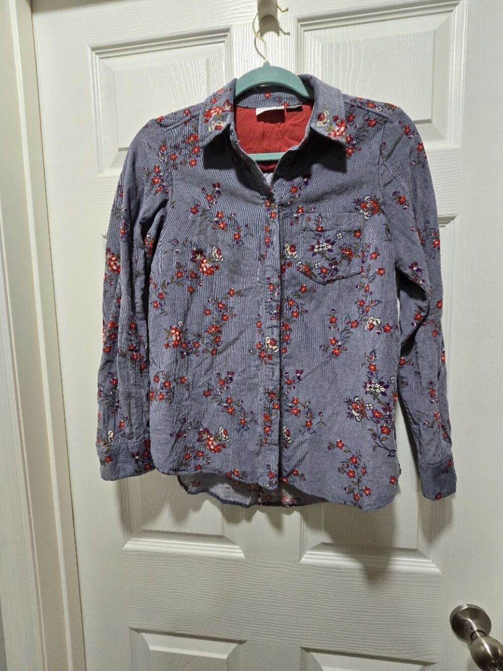 Anthropologie Women's 0 Blue Floral Corduroy Button-Up Collared Long Sleeve